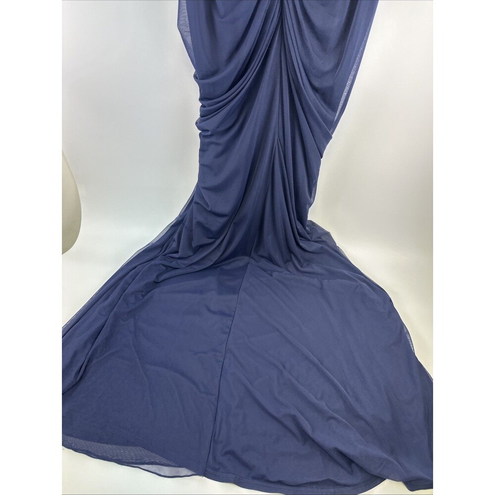Tadashi Shoji Asymmetric Ruched Sleeve Gown Navy Chiffon Fitted Mermaid Large - Picture 10 of 16